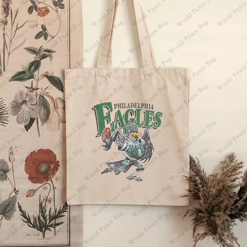 1Pc Vintage Philadelphia Eagles Football Patterntote Bag Canvas Shoulder Bag for Travel Daily Commute Women'S Reusable Shopping