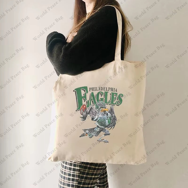 1Pc Vintage Philadelphia Eagles Football Patterntote Bag Canvas Shoulder Bag for Travel Daily Commute Women'S Reusable Shopping
